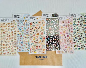 Original Designs Sticker Sheets by Mind Wave Cute Kawaii Sea Creatures Cat Tiger Bunny Rabbit Penguin Dog Animals Aesthetic Japanese