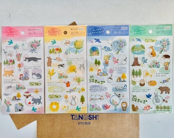 Lets Decorate Animal Sticker Sheets Made in Japan by NB CO Water Painting Style Floral Soft Animals into the forest flower field spring