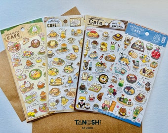 Cafe Food Sticker Sheets by Mind Wave Cute Kawaii Animals Bunny Dog Cat Bird Breakfast Dinner Lunch Ice Cream Pancakes Burgers Omelet Cake