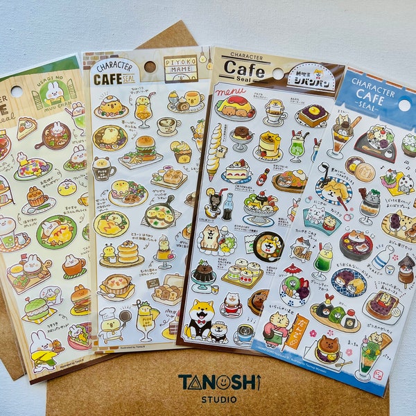 Cafe Food Sticker Sheets by Mind Wave Cute Kawaii Animals Bunny Dog Cat Bird Breakfast Dinner Lunch Ice Cream Pancakes Burgers Omelet Cake