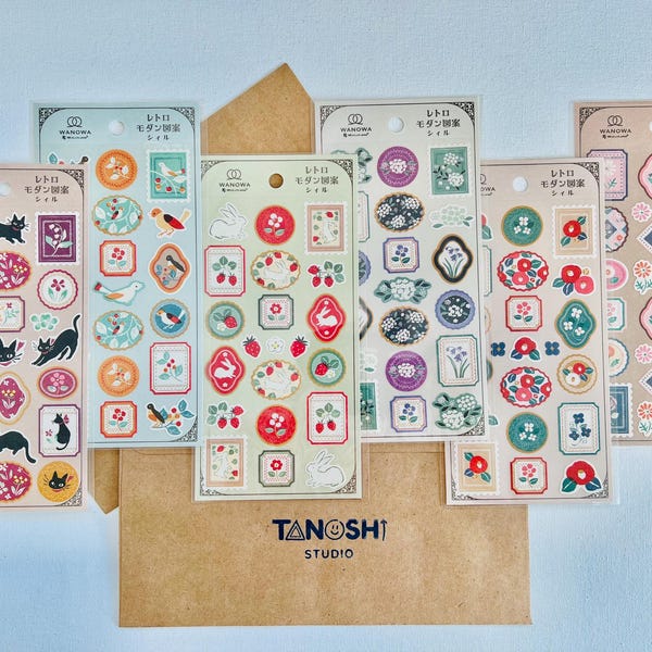 Wanowa Stamp Sticker Sheets Made in Japan Cat Mail Stamps Japanese Paper For Scrapbooking, Journaling, Planning, Decorating, Envelope Seal