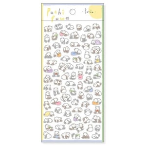 Puede incluir: Una hoja de pegatinas de panda con varias poses y actividades. Las pegatinas son en blanco y negro con acentos de colores. La hoja est&aacute; etiquetada "Puchi Fuwa -Panda-"
