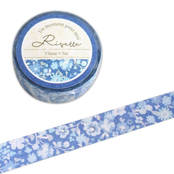 Rune Washi Tape | 15mm x 5m | Made in Japan | Risette Blue Flowers | For Scrapbooking, Journaling, Planning, Decorating, Envelope Seal Gift