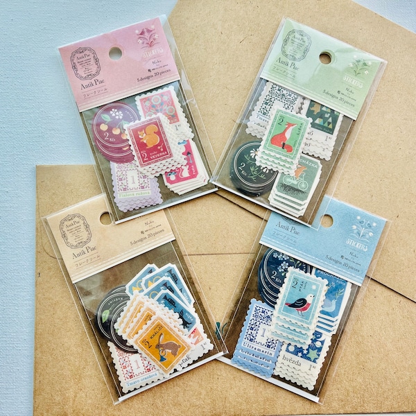 Vintage Post Stamps Flakes | Made in Japan | 20 pcs 5 Designs | For Scrapbooking, Journaling, Planning, Decorating, Envelope Seal Gift, Cute