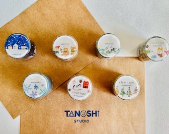 Hokkori Life Washi Tape 30mm by Mind Wave Made in Japan Clear Tape Winter Designs Snowflake Pine tree Teddy Bear Christmas season blue