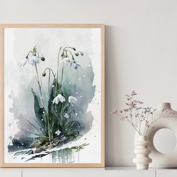 White Snowdrop Flower Watercolor Painting | Tropical Flower Blossom Background | Wall Decoration | Wildflower Artwork| AI Digital Download