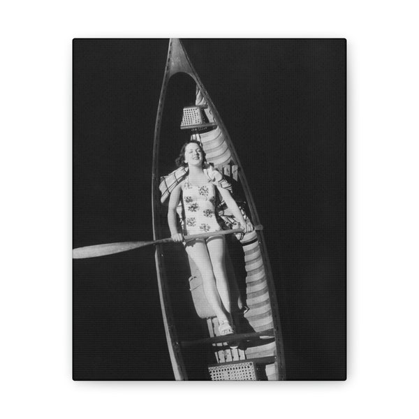 Vintage photograph of Woman in a canoe on Canvas Stretched. Lake house wall art. Lake Decor