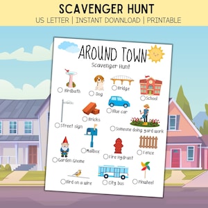 Around Town Scavenger Hunt Printable | Outdoor Activity for Kids | Neighborhood Scavenger Hunt | Scavenger Hunt for Kids | Digital Download