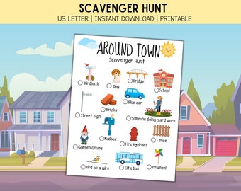 Around Town Scavenger Hunt Printable | Outdoor Activity for Kids | Neighborhood Scavenger Hunt | Scavenger Hunt for Kids | Digital Download