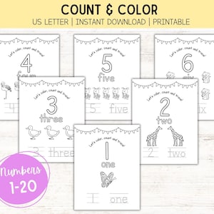 Color Counting | Number Tracing | Numbers 1-20 | Printable Activity | Preschool Learning | Digital Download