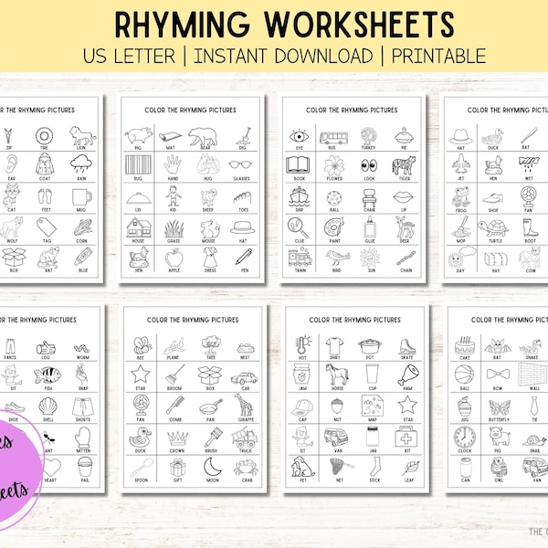 Rhyming Word Matching Worksheets | Preschool Learning | Kindergarten Learning | Homeschool Printable | Digital Download