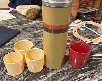 Vintage Thermos Vacuum Bottle with Cups – Tan Red Stripe, Used Condition