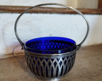 Sucrier années 50 en verre bleu et métal argenté