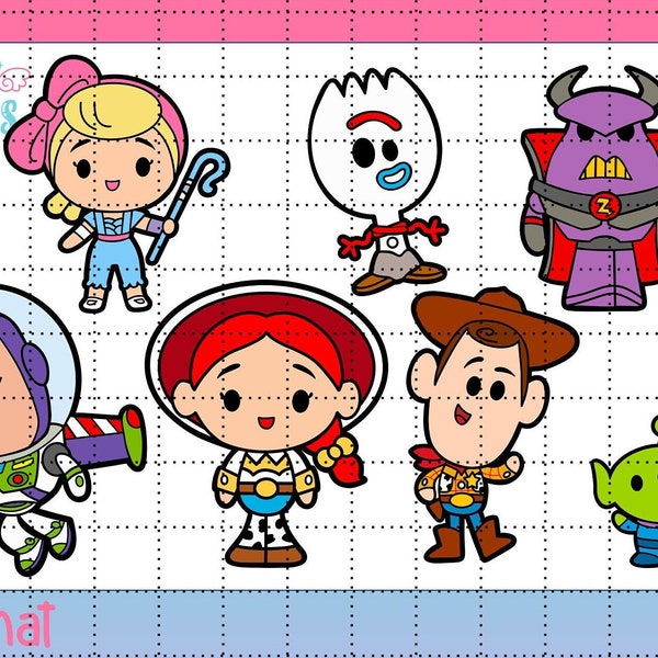 Toy Story Chibi PNG Woody Buzz Lightyear Jessie Aliens Zurg Rex Forky - Dibujado a mano perfecto para banderines, imanes o pegatinas Color y contorno