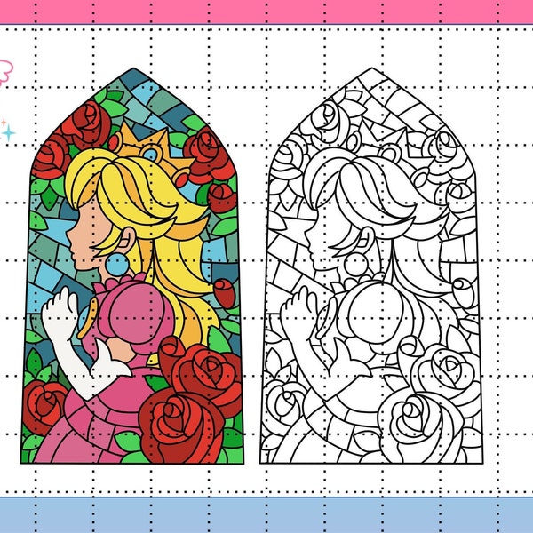 Princess Peach Stained Glass Window PNG Color/Black & White Mario Galaxy