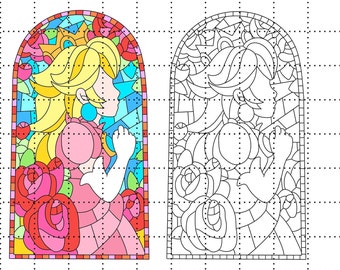 Princess Peach Stained Glass Window PNG Color/Black & White Mario Movie
