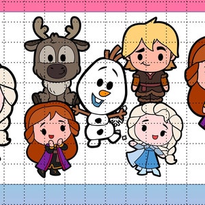 Frozen Chibi PNG Elsa Anna Kristoff Sven Olaf - Hand getrokken Perfect voor Bunting, magneten of stickers Kleur & overzicht