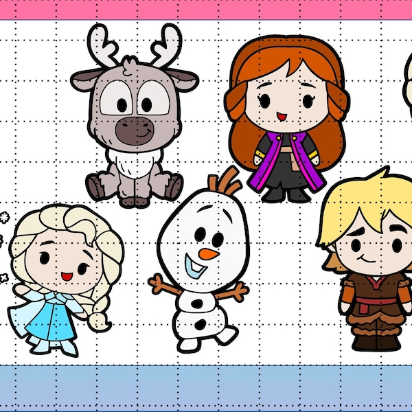 Frozen Chibi SVG PNG Elsa Anna Kristoff Sven Olaf - Hand Drawn Perfect For Bunting, Magnets Or Stickers Colour & Outline