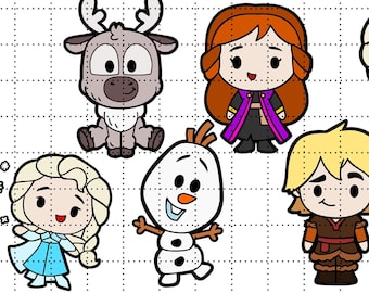May include: A set of seven cartoon characters from the film Frozen. The characters include Elsa, Anna, Olaf, Kristoff, Sven, and two other characters. The characters are all in a chibi style, with large heads and small bodies. The characters are all in different poses, and they are all smiling. The characters are all in a white background with a grid pattern.