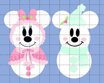 May include: Two snowman characters, one with a pink hat and coat, the other with a green hat and scarf, both with Mickey Mouse ears and faces. The background is a blue and pink grid.