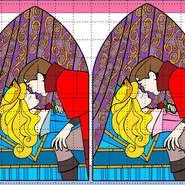 Disneyland Paris Stained Glass Aurora Philip Kiss Sleeping Beauty PNG Blue & Pink