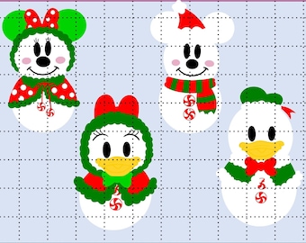 May include: Four Christmas-themed snowman SVG cut files featuring Mickey Mouse, Minnie Mouse, Donald Duck, and Daisy Duck. Each snowman is wearing a festive hat, scarf, and candy cane.