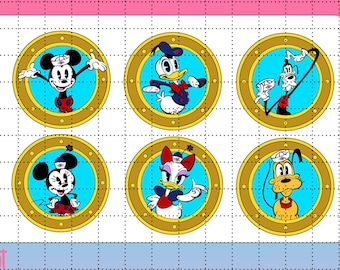 May include: Six cartoon character designs in circular frames. Mickey Mouse, Donald Duck, Goofy, Minnie Mouse, Daisy Duck, and Pluto are featured. The background is light blue, with gold-coloured frames and the text "Piffle Crafts" and "PNG Format".