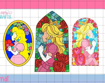 Princess Peach Stained Glass Window Bundle PNG Color/black & White
