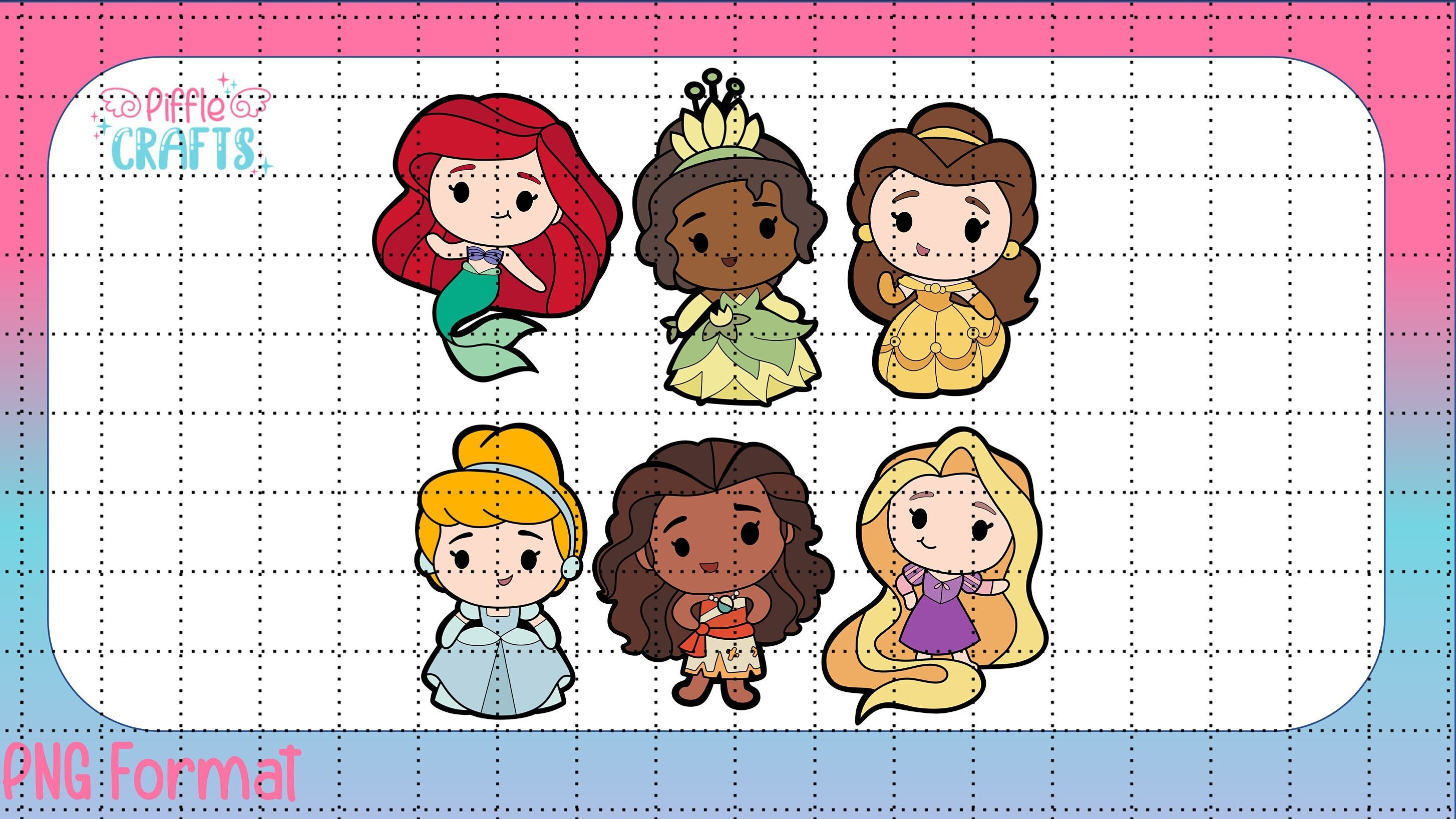 Princesa Chibi PNG Cenicienta Bella Rapunzel Tiana Moana Ariel - Dibujado a mano perfecto para banderines, imanes o pegatinas Color y contorno