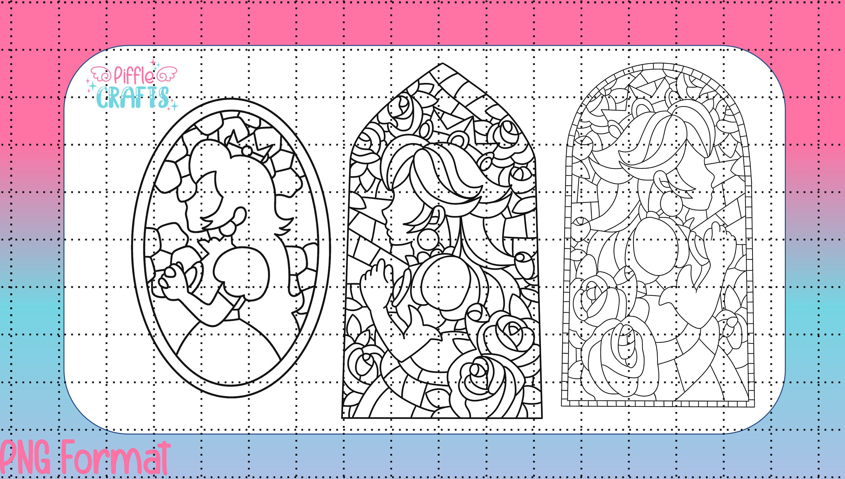 Princess Peach Stained Glass Window Bundle PNG Color/black & White ...
