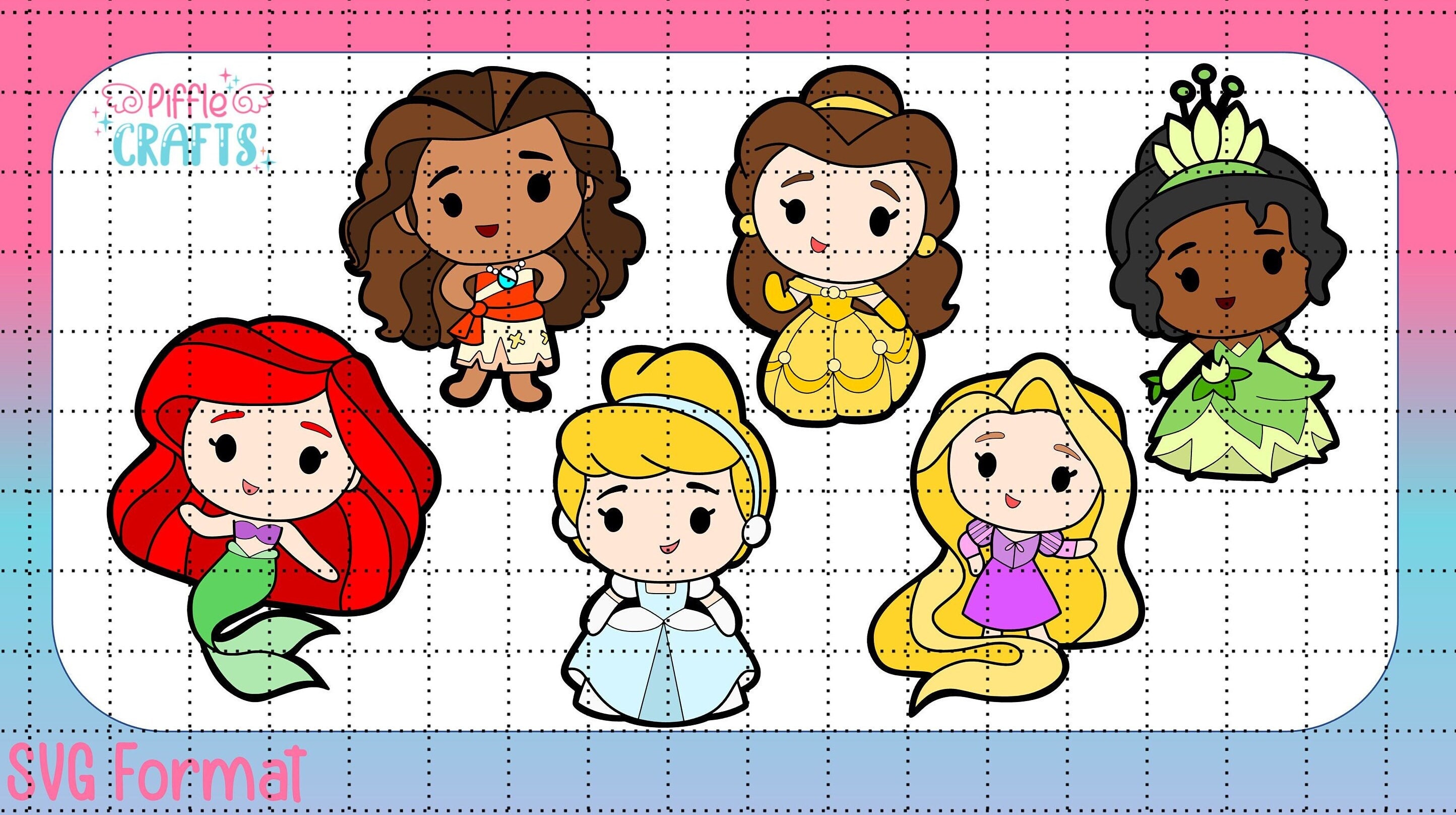 Princess Chibi SVG & PNG Cinderella Belle Rapunzel Tiana Moana Ariel - Hand Drawn