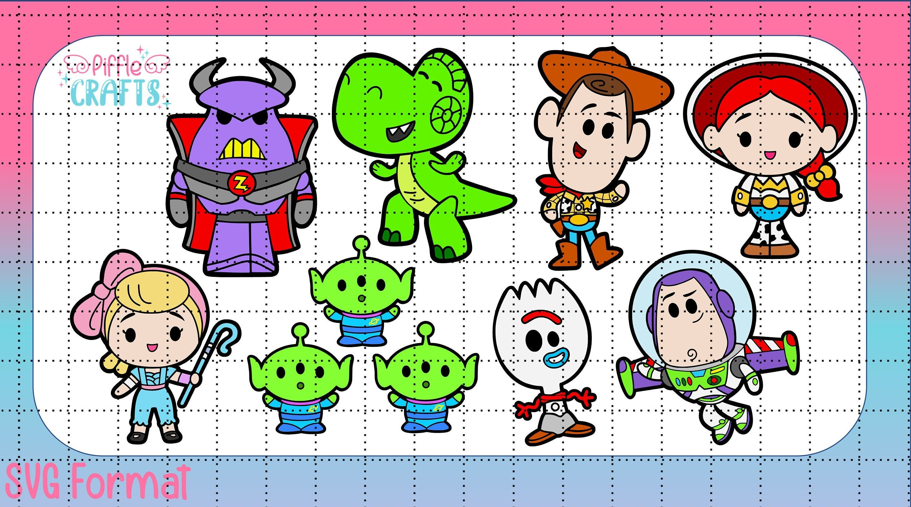 Toy Story Chibi SVG & PNG Woody Buzz Lightyear Jessie Aliens Zurg Rex Forky - Hand Drawn Colour and Outline