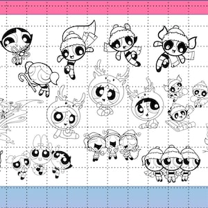 Może przedstawiać: Zestaw 25 czarno-białych cyfrowych obraz&oacute;w clipart przedstawiających Powerpuff Girls w r&oacute;żnych pozach świątecznych. Obrazy przedstawiają dziewczyny w czapkach Świętego Mikołaja, z rogami renifera i trzymające cukierki na patyku. Tekst "PNG Format" jest widoczny na dole obrazu.