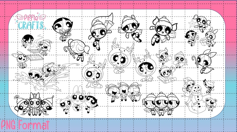 Może przedstawiać: Zestaw 25 czarno-białych cyfrowych obraz&oacute;w clipart przedstawiających Powerpuff Girls w r&oacute;żnych pozach świątecznych. Obrazy przedstawiają dziewczyny w czapkach Świętego Mikołaja, z rogami renifera i trzymające cukierki na patyku. Tekst "PNG Format" jest widoczny na dole obrazu.