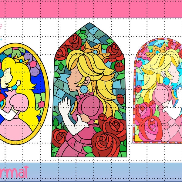 Princess Peach Stained Glass Window Bundle PNG & SVG Color/Black-White Mario N64/Galaxy/Movie