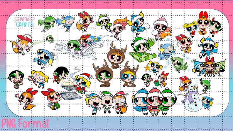 Może przedstawiać: Zestaw 25 cyfrowych obraz&oacute;w clipart przedstawiających Powerpuff Girls w r&oacute;żnych pozach o tematyce zimowej. Dziewczynki noszą zimowe ubrania, takie jak czapki, szaliki i rękawiczki. Są r&oacute;wnież pokazane podczas zimowych aktywności, takich jak jazda na łyżwach, sankach i budowanie bałwana. Obrazy są w formacie PNG.