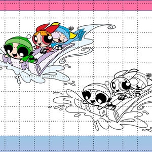 Może przedstawiać: Czarno-biała strona do kolorowania przedstawiająca Powerpuff Girls jadące na kłodzie w d&oacute;ł śnieżnego wzg&oacute;rza. Dziewczyny mają na sobie zimowe czapki i szaliki. Obrazek jest na białym tle z siatką.