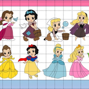 Chibi Princess PNG Ariel, Aurora, Snow White, Cinderella, Jasmine, Belle (2 Outfits, 24 Files)
