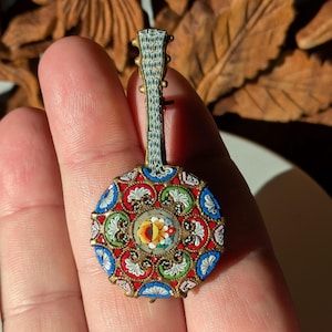 Vintage Italian Micro Mosaic Lute Pin with Round Body