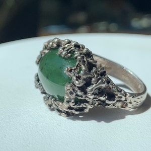 Vintage Brutalist Sterling Silver Green Jade Ring, Size 5 3/4