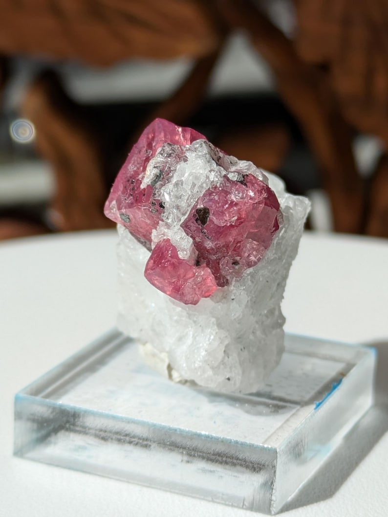 May include: A cluster of pink ruby crystals on a white matrix, displayed on a clear acrylic base.