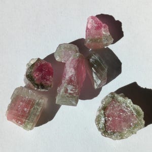 Peut inclure: Plusieurs cristaux de tourmaline bruts, non taillés. Les pierres présentent des couleurs variées, notamment rose, vert et transparent. Les cristaux ont une texture naturelle et rugueuse, avec des formes diverses, certaines allongées, d'autres plus arrondies.