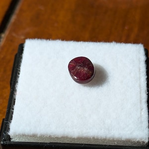 Puede incluir: Una piedra preciosa ovalada de color rojo oscuro con un aspecto ligeramente nublado. La piedra preciosa se muestra sobre un fondo de terciopelo blanco.