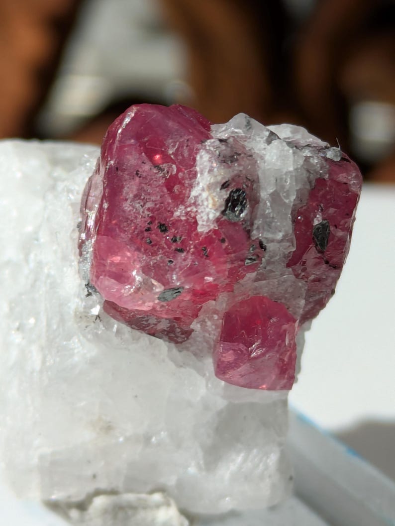 May include: A vibrant pink ruby crystal with a rough, natural texture. The crystal is embedded in a white, crystalline matrix.
