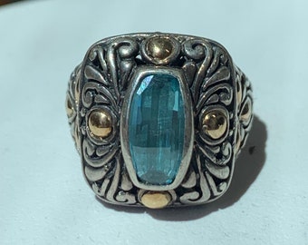 Vintage Blue Topaz Ring: Sterling Silver & 18k Gold, Size 6 3/4