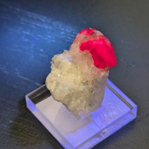 May include: A bright pink ruby crystal specimen on a white matrix, displayed on a clear acrylic base.