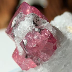 May include: A cluster of pink crystals with a glassy, translucent appearance. The crystals are embedded in a white, opaque matrix.