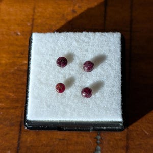 以下が含まれることがあります： 星形模様が入った小さな丸い赤い宝石が4つ、黒い縁取りのある白い箱に展示されています。