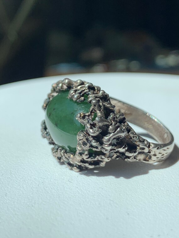 Vintage Brutalist Sterling Silver Green Jade Ring 