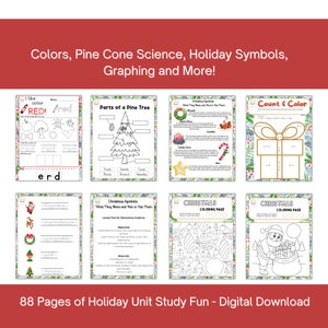 Può includere: Un set di 88 fogli di lavoro stampabili per insegnare ai bambini i simboli natalizi, i colori e le pigne. I fogli di lavoro includono pagine da colorare, attività di conteggio e parole nascoste.